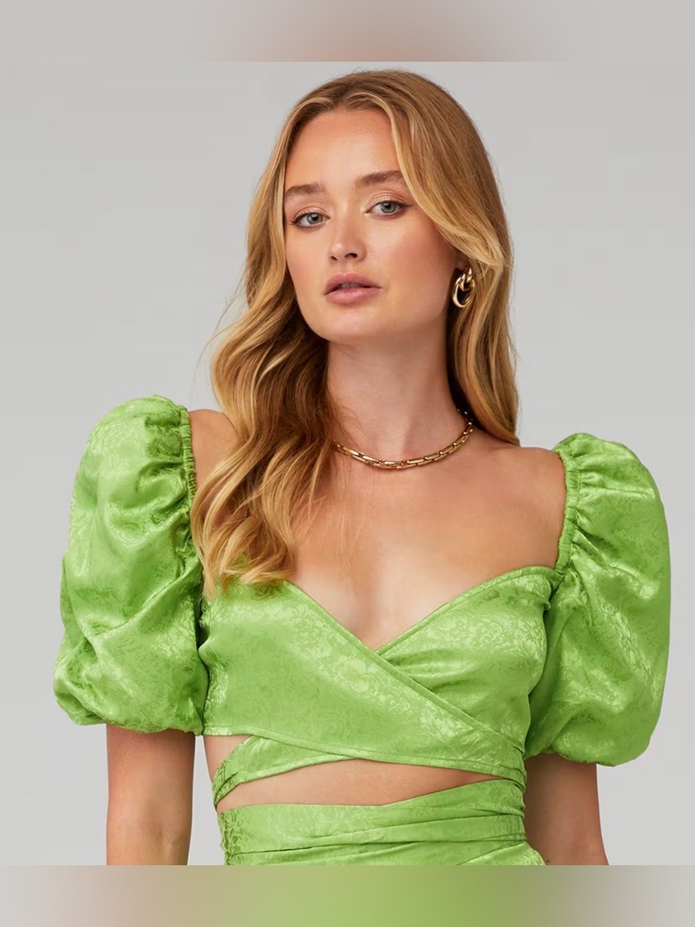 Ronny Kobo Zano Green Jacquard Criss Cross Wrap Crop Top XS Puff Sleeve